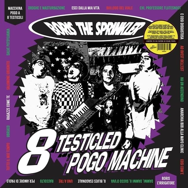 Album cover for "Boris The Sprinkler" featuring a band and bold text.