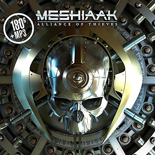 Meshiaak album cover: metallic skull within complex, circular gear mechanisms.
