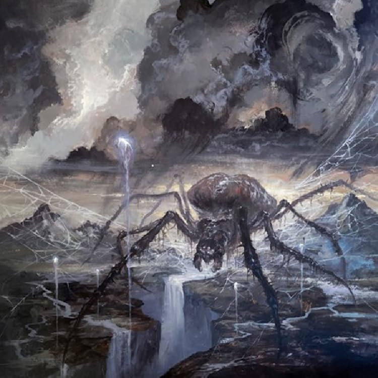 CD cover art depicting a large spider in a stormy, mountainous landscape.