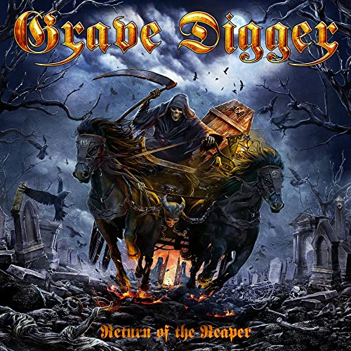 Album cover: skeletal reaper riding a horse through a graveyard.