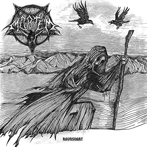 Black and white illustration of a cloaked figure with two ravens.