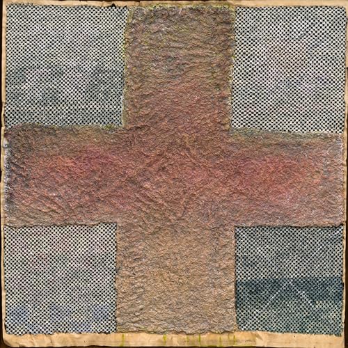Vinyl record cover with a textured, cross-shaped abstract design.