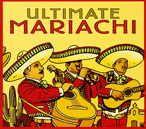 Mariachi musicians in red suits with instruments, yellow background.