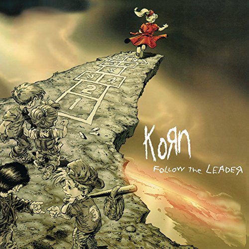 Korn's "Follow the Leader" album cover: children near a hopscotch cliff.