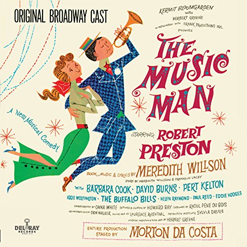 Vintage album cover for "The Music Man" musical, featuring illustrated figures.