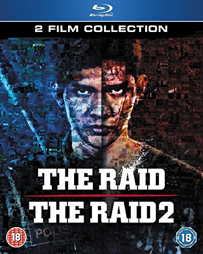Blu-ray cover for "The Raid" and "The Raid 2" with split-screen faces.