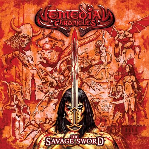Fantasy album cover with warriors, monsters, and a central sword motif.