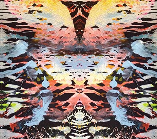 Symmetrical abstract album cover with pink, black, and white paint strokes.