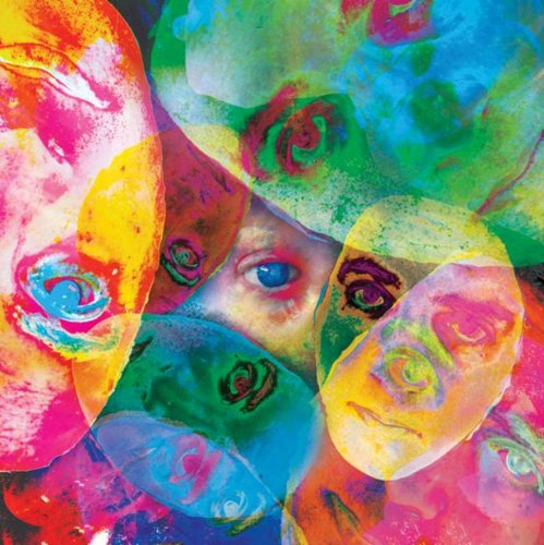 Abstract colorful portrait with overlapping faces and rose motifs.