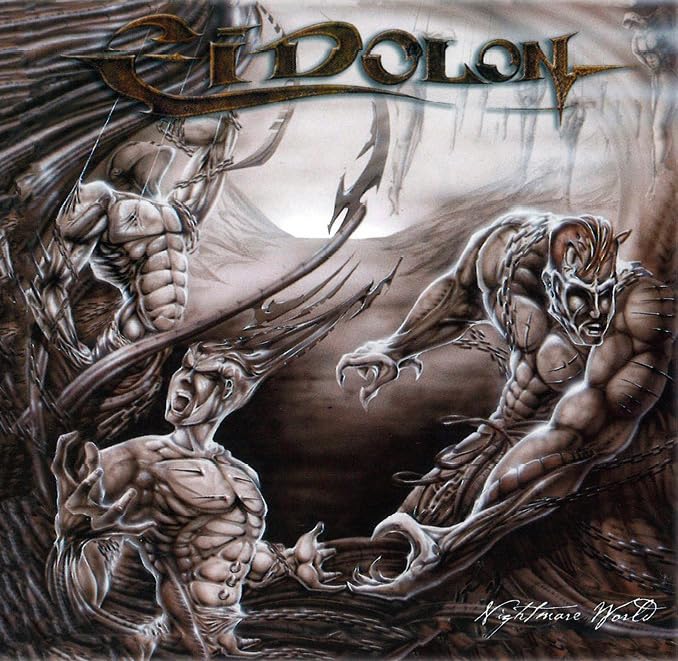 Dark fantasy album cover featuring muscular figures and shadowy wings.