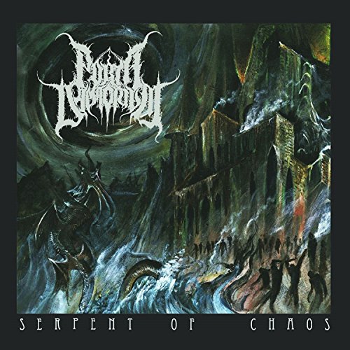 Dark fantasy album cover with a serpent, ruins, and shadowy figures.