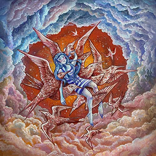 Painted album cover featuring a woman surrounded by swirling birds.