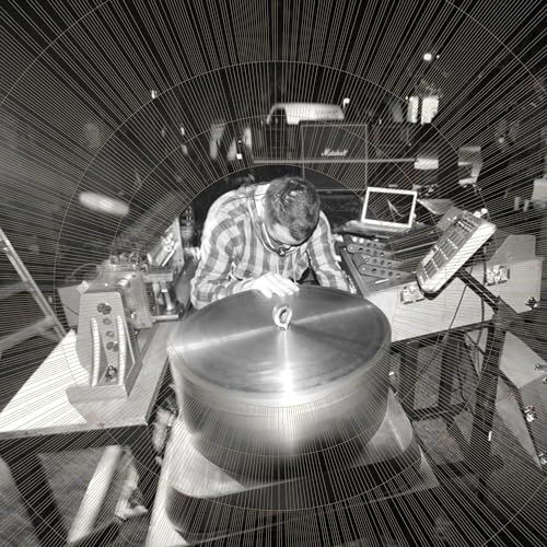 Black and white album cover featuring a musician at complex, custom instruments.