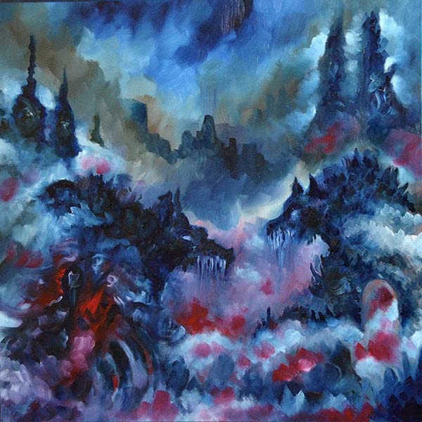 Abstract painting of wolves in a blue and purple landscape.
