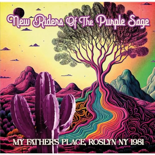 Psychedelic desert landscape with a purple cactus, a large tree, and colorful sunset sky.