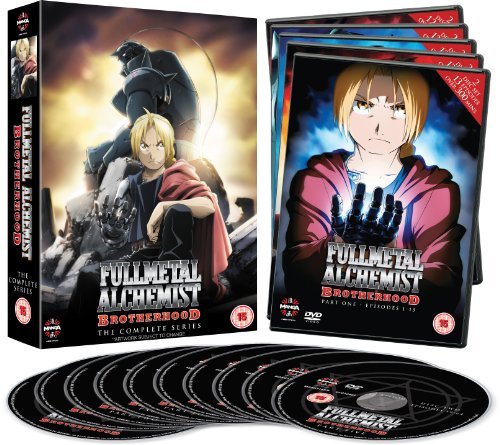 DVD case with Fullmetal Alchemist Brotherhood artwork and multiple discs inside.