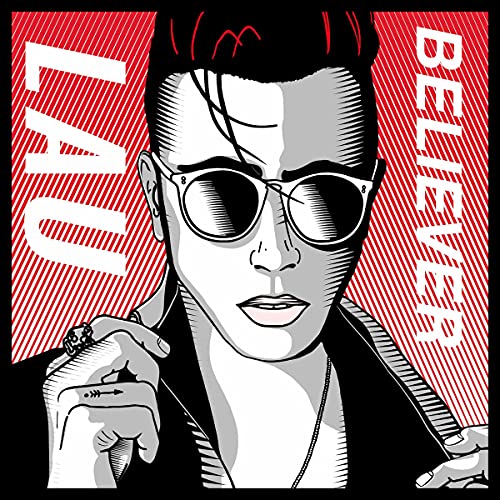 Illustration of a man with sunglasses, "LAU" and "BELIEVER" text on red background.