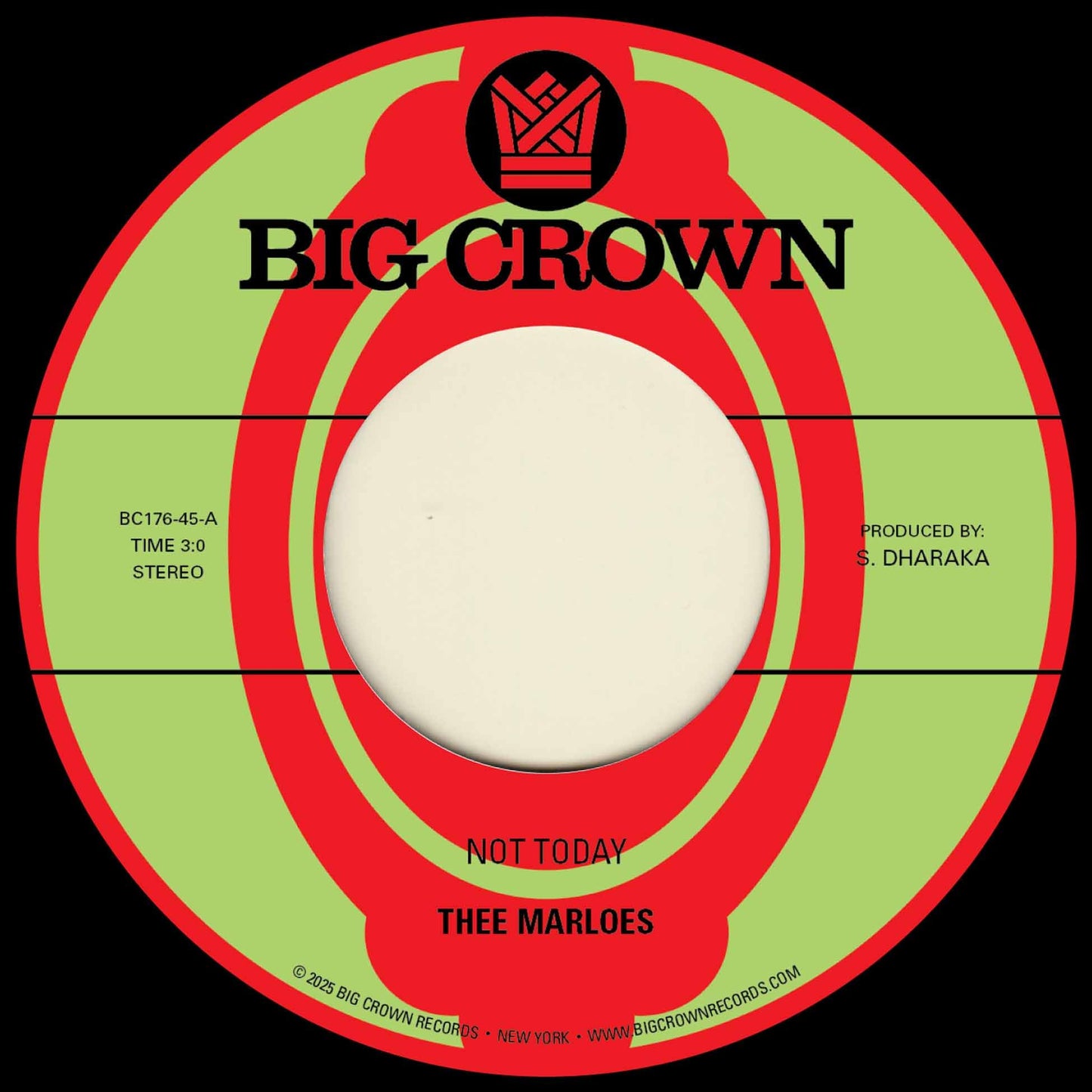 Yellow and red vinyl record label with black text and logo.