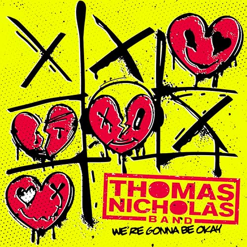 Album cover for Thomas Nicholas Band, featuring red hearts and black graffiti.