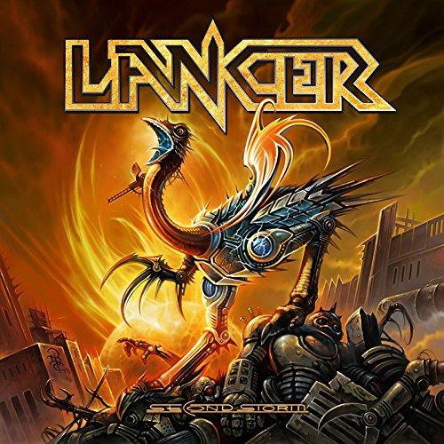 Lancer album cover: robotic bird amidst flames and futuristic ruins.