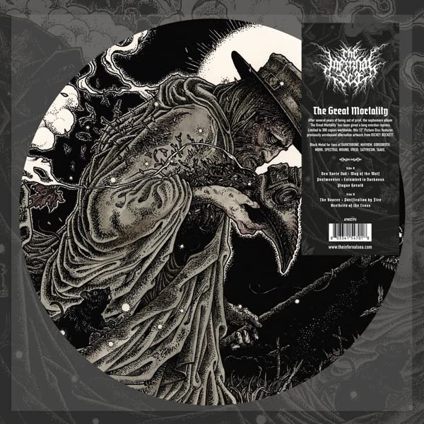 Black and white picture disc vinyl record with detailed skeletal artwork.