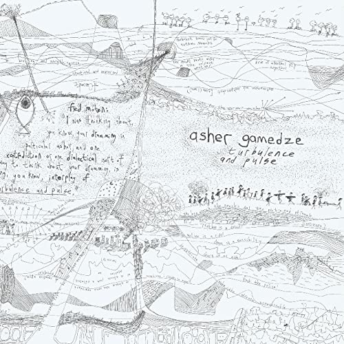 Black and white sketch of a landscape with text and figures.