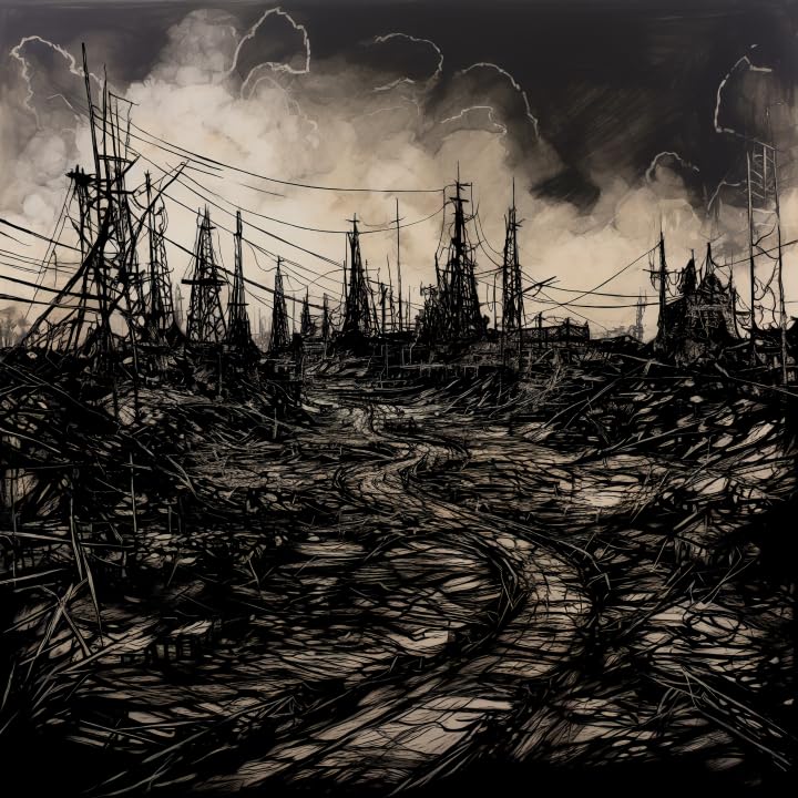 Dark, scratchboard-style illustration of a chaotic, industrial landscape.
