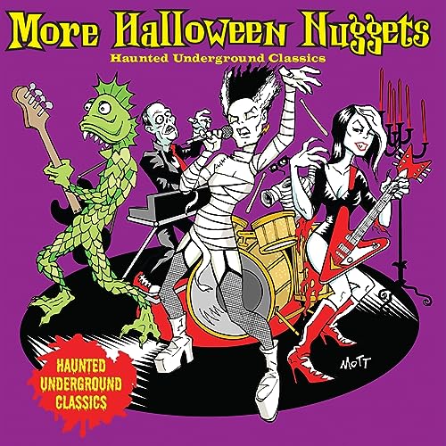 Cartoon monster band performing on a purple background for More Halloween Nuggets CDL album.