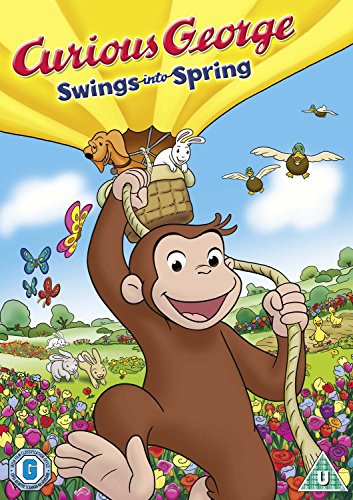 Curious George swings from a rope with animals in a basket.