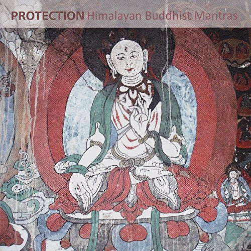 CDS Tibetan Buddhist thangka painting of a seated deity with text "PROTECTION Himalayan Buddhist Mantras