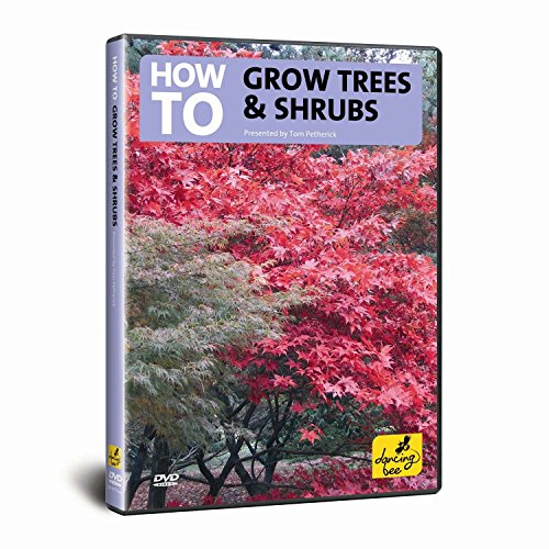 DVD cover with vibrant red and green trees, title “How To Grow Trees & Shrubs”.