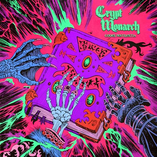 Album cover: ornate purple book held by skeletal and clawed hands.