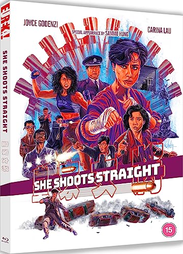 Blu-ray cover art for She Shoots Straight featuring an action-packed illustration of the cast.