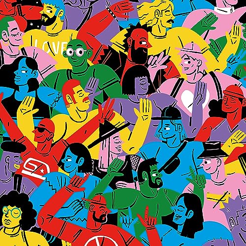 Colorful illustration of a diverse crowd with raised hands, vinyl record art.