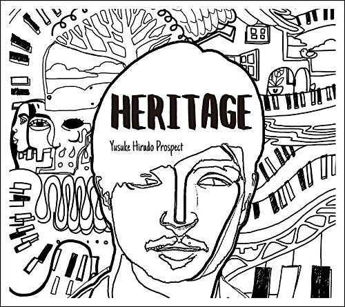 Black and white line art illustration of a man's face titled Heritage by Yusuke Hirado.