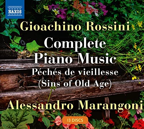 CD cover for Rossini’s Complete Piano Music with floral background.