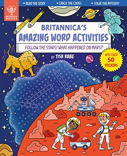 Book cover: "Follow the Stars!" with Mars imagery, puzzles, and stickers.