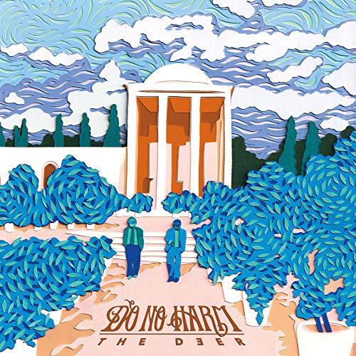 Album cover: building, figures, and stylized blue and orange landscape.