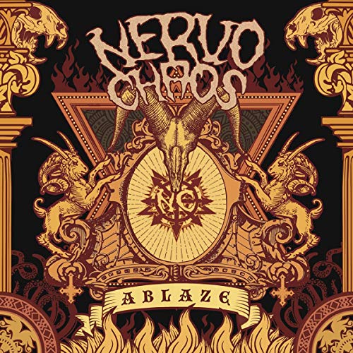 Nervochaos “Ablaze” vinyl cover: ornate gold design with skulls and goats.