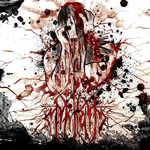 Dark, abstract painting of a figure with red splatters and text.