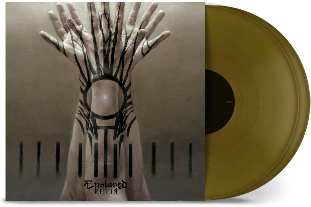 Vinyl record with album art of skeletal hands and a red label.