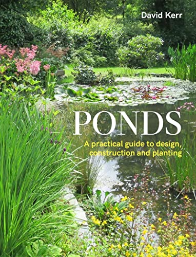 Book cover with pond image, green and blue tones, gardening tools, and water features.