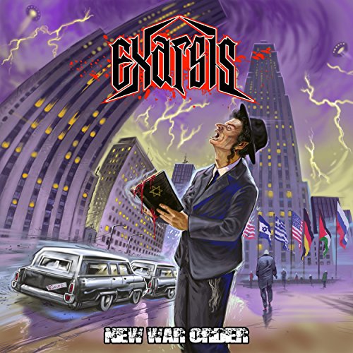 Album cover for "Exarsis - New War Order" depicting a man with a book.