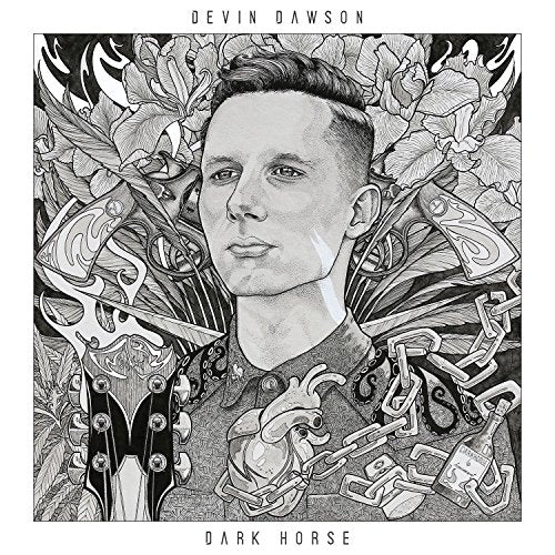 Black and white album cover featuring Devin Dawson’s portrait with floral designs.