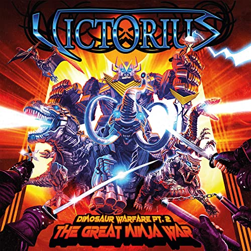 CD cover: robotic dinosaurs in ninja gear battling with energy blasts.