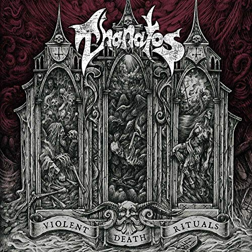 Dark album cover with gothic arches, skulls, and violent imagery.
