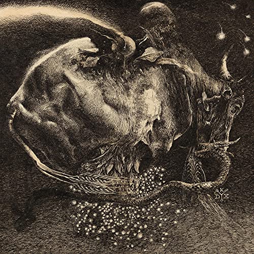 Dark, detailed illustration of a horse with wings and snake elements.