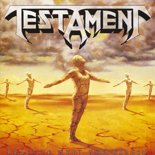 Testament album cover: figures in a desolate, stormy landscape.