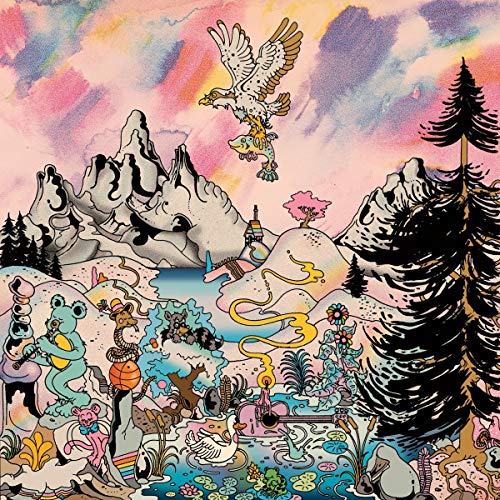 Colorful illustration of mountains, wildlife, and fantastical figures in a landscape.
