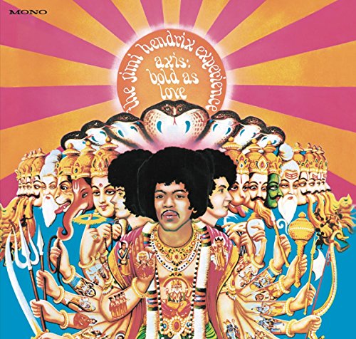 Album cover for "Axis: Bold As Love" featuring Jimi Hendrix with deities.